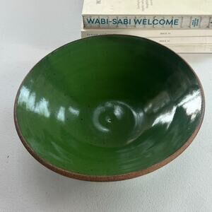 Signed Studio Art Pottery Bowl Glazed  Green Speckled Signed Stoneware